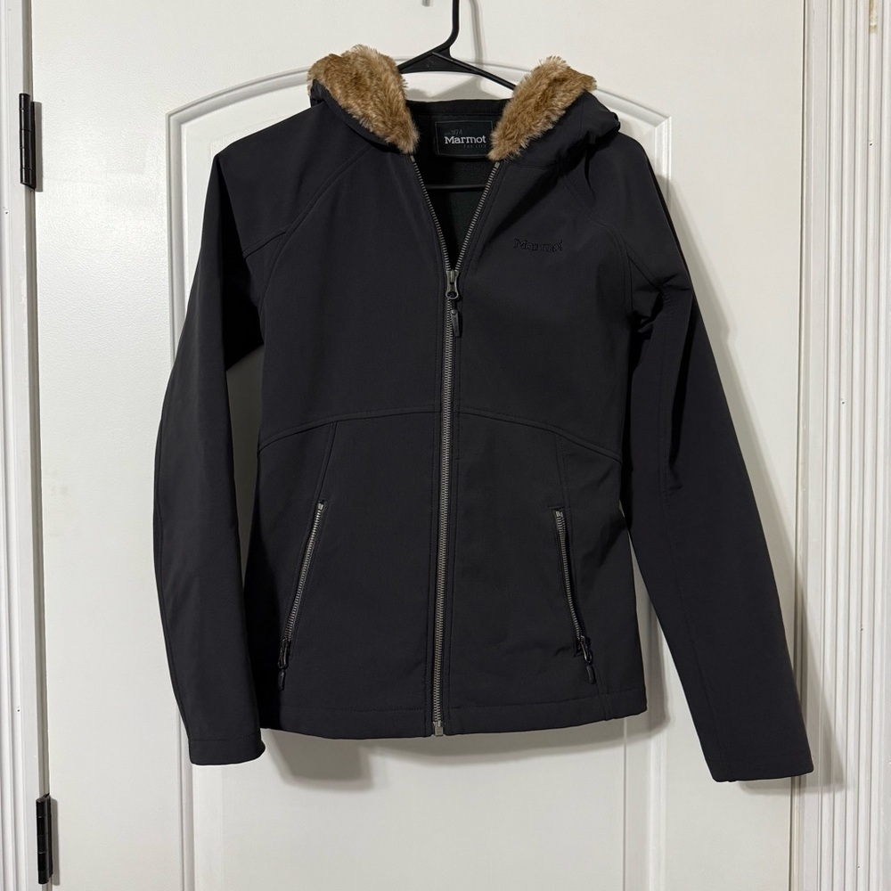 Marmot Furlong Hooded Jacket Womens Sz Small Black Faux Fur Lined Hood Full Zip